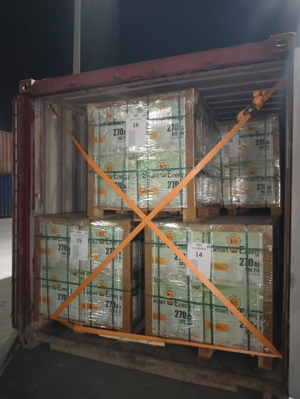 Palletized Battery Packs Lashed in Shipping Container